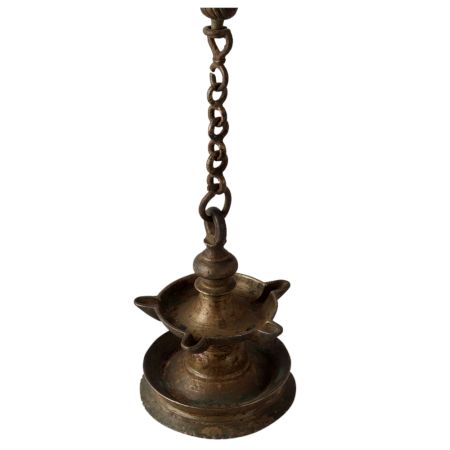 Brass Hanging Diya Oil Lamp With 5 Wick And Long Chain